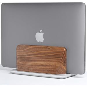 Vertical Laptop Stand, Solid Black Walnut Body & Silver-Finished Ash Wood Base, Wood Laptop Holder Vertical for Desk - Adjustable Dock (0.47"-1.57" Width) Fits Most Laptops, MacBooks