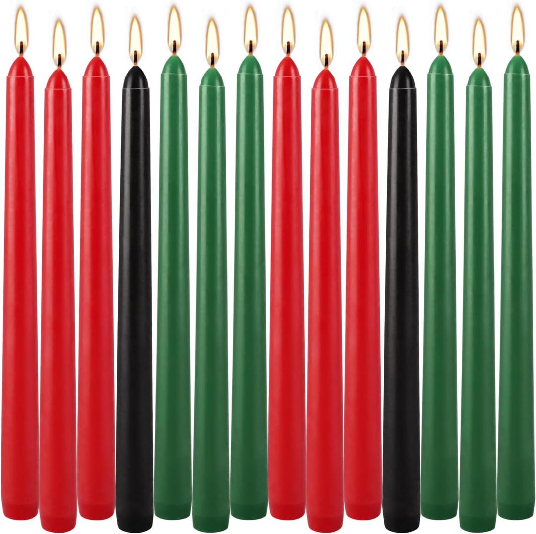 14-Pack Kwanzaa Candles Set - 6 Red, 2 Black, 6 Green Taper Candles, 10 Inch Unscented for Kinara, Holiday Centerpiece, African American Celebration, Principles & Heritage