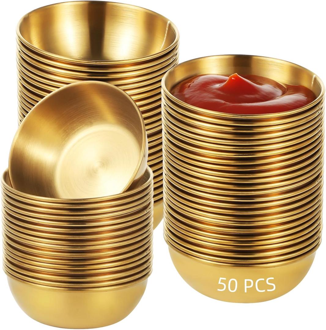 50 PCS Round Golden Sauce Bowls, 2.4 x 1 in Stainless Steel Dipping Sauce Cups, Small Metal Ramekinsr, Reusable Bowls for Dips, Appetizers, Condiments, Soy Sauce, Facial Bowl for Esthetician Use