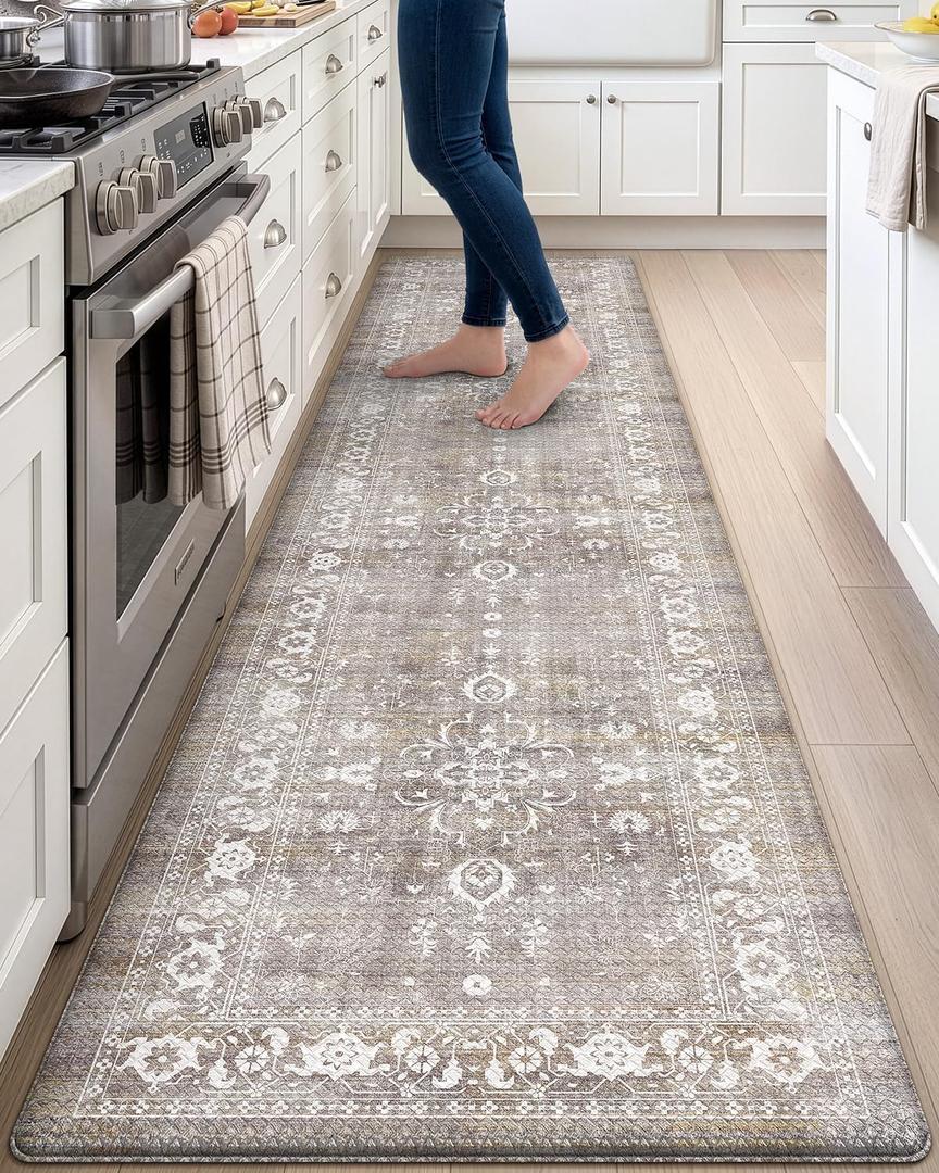 DEXI Kitchen Floor Mats Cushioned Anti Fatigue Runner Rug Grey Floral, 107"L x 23"W x 0.4"Th