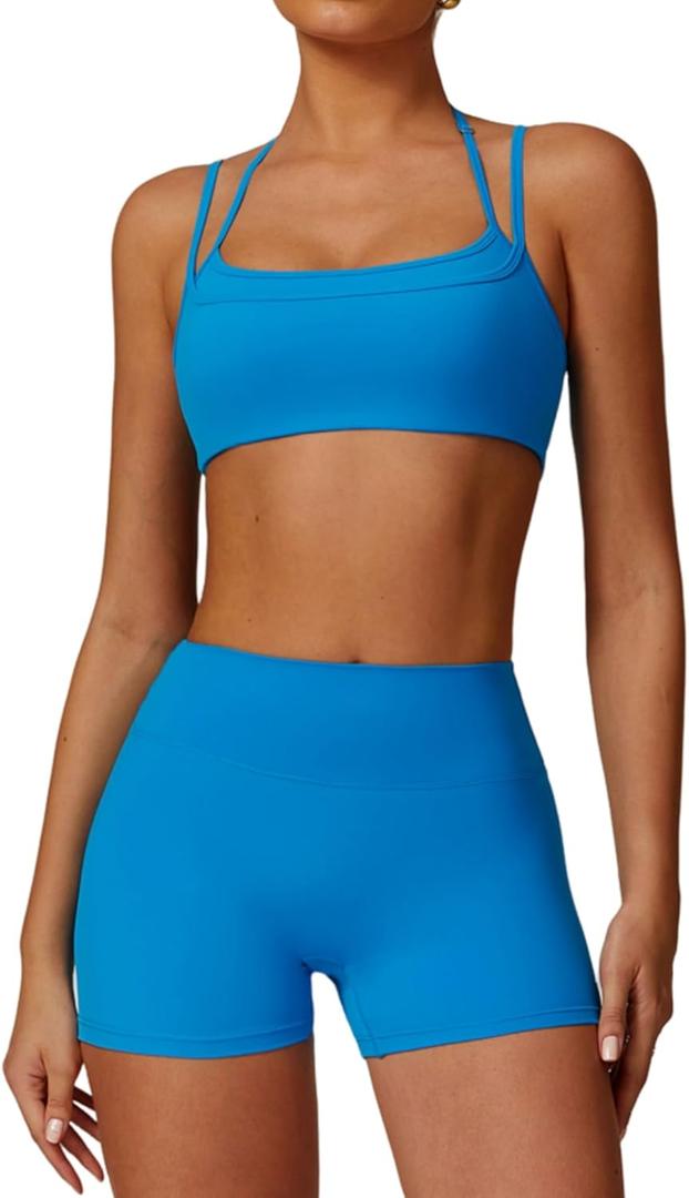 Two Piece Workout Sets For Women Sports Bra Matching High Waist Scrunch Butt Shorts Gym Yoga Athletic Clothes (Small, Blue) Two Piece Workout Sets For Women Sports Bra Matching High Waist Scrunch Butt Shorts Gym Yoga Athletic Clothes (Small, Blue)