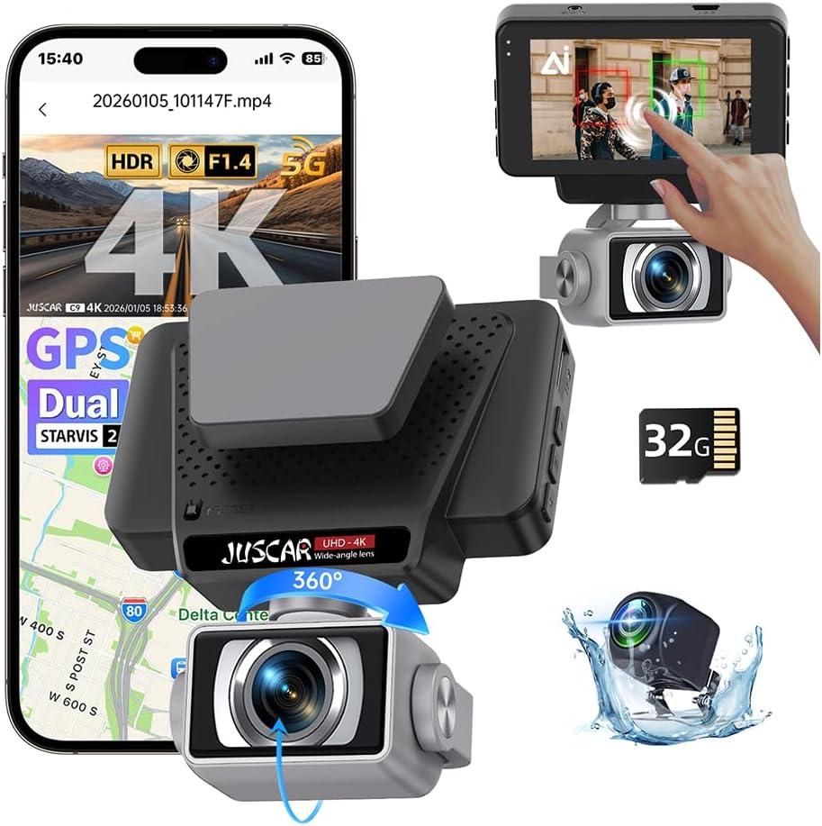 2026 AI Drive Assist 5G WiFi Dash Cam Front and Rear, UHD 4K+1080P, ADAS & GPS, 360 Rotating Front x Free 32GB Card Dual Dashcam, 3" Touch Screen, 24H Parking Mode, Support 512GB Max