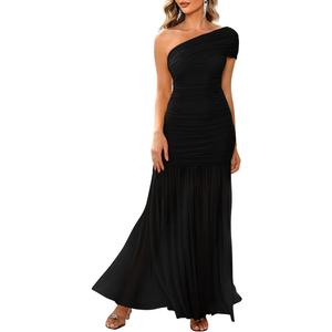 LAGSHIAN Women's Elegant Formal Long Dress One Shoulder Sleeveless Ruched Bodycon Evening Dress (Black, L)