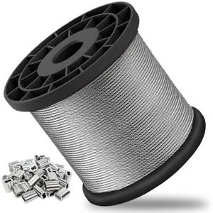 1/16 Wire Rope, 304 Stainless Steel Cable, Aircraft Cable, Steel Wire, 328FT with 150Pcs Crimping Sleeves, Clothes Line Wires, Trellis Wire, 7x7 368lbs Breaking Strength