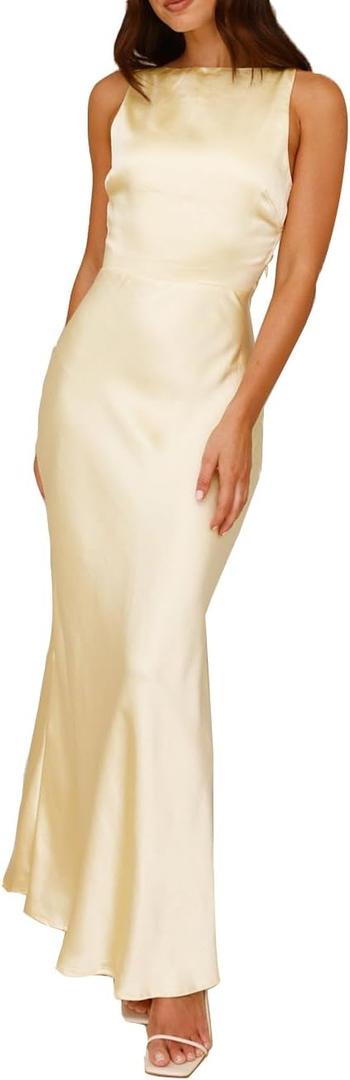 Summer Satin Maxi Dresses for Women 2025 Elegant Classy Silk Formal Sleeveless Open Back Spaghetti Strap Wedding Guest Dress (Yellow, S)