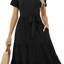 Lyrur Women's Dresses Casual Summer Tiered Midi Dress Short Sleeve Belted Ruffle Babydoll Boho Sundress with Pockets (Large, Black)