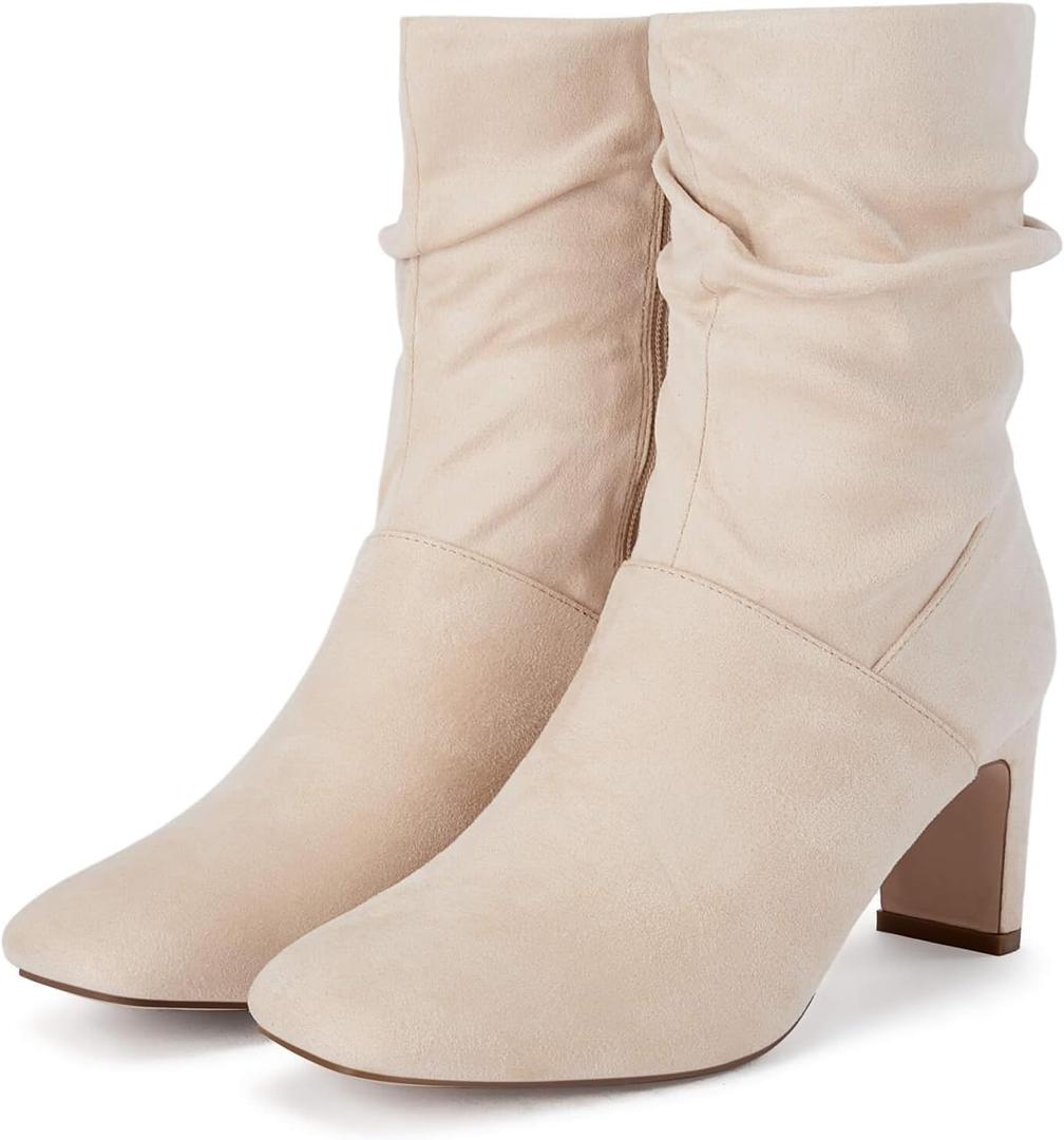 Coutgo Women's Slouch Mid Calf Boots Chunky Heel Square Toe Zip Up Fall Fashion Booties Shoes (9, Nude)