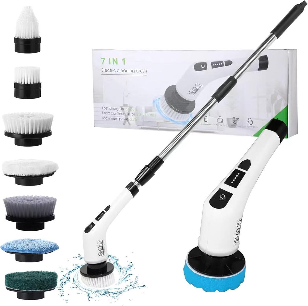 Electric Spin Scrubber with 7 Replaceable Brush Head, Shower Scrubber with Long Handle,7 in 1 Cordless Cleaning Brush, Power Shower Scrubber for Bathroom, Tub, Tile, Floor, Kitchen, Window, Black