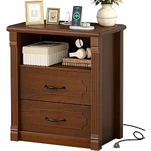 YOSHOOT Farmhouse Tall Nightstand with Charging Station, Wood Bed Side Table with 2 Drawers and Open Shelf, Rustic End Table with Roman Column Design for Bedroom Living Room, Walnut