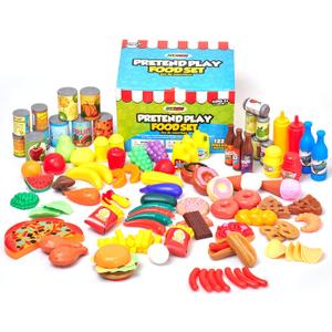 Jaxojoy 122 Piece Pretend Food Set for Kids - Food Toys for Kids Kitchen Set - Pretend Play Kitchen Accessories and Playset for Interactive and Imaginative Activities