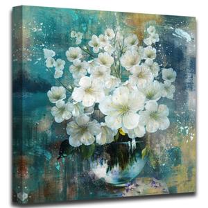 Anolyfi Bathroom Botanical Florals Prints Wall Art Rustic White Flowers Plants Canvas Painting Teal Picture Abstract Artwork Framed for Nursery Bedroom Living Room Kitchen Office Home Decor 20"x20", White / Flowers Print