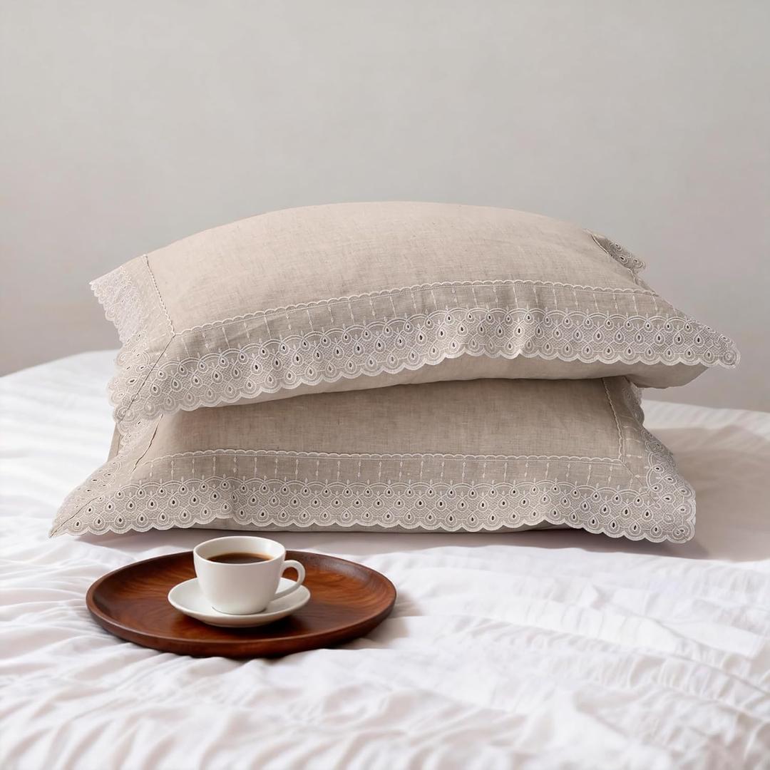 CHUFFED 100% French Linen Pillowcases with Embroidery Lace,French Vintage Style Stone Washed Breathable Pillow Covers Queen Size Set of 2 with Envelope Closure for Decor,20x30 inches, Natural Linen