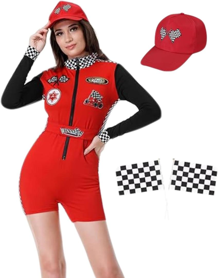 Race Car Driver Costume for Womens Racing Driver Jumpsuit Shorts Long Sleeve with Grid Flag Set Halloween Outfits (Small, Red)