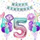 Mermaid Birthday Party Decor, Blue Pink Purple Party Supplies Set, Mermaid Tail Shell Balloons Number 5 Balloon 32Inch with Happy Birthday Banner Kit, 5th Bady Decor