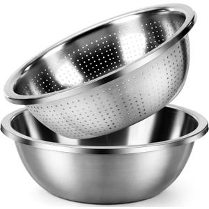 Nuogo 2 Pack Large Stainless Steel Mixing Bowl and Colander Strainer,16qt