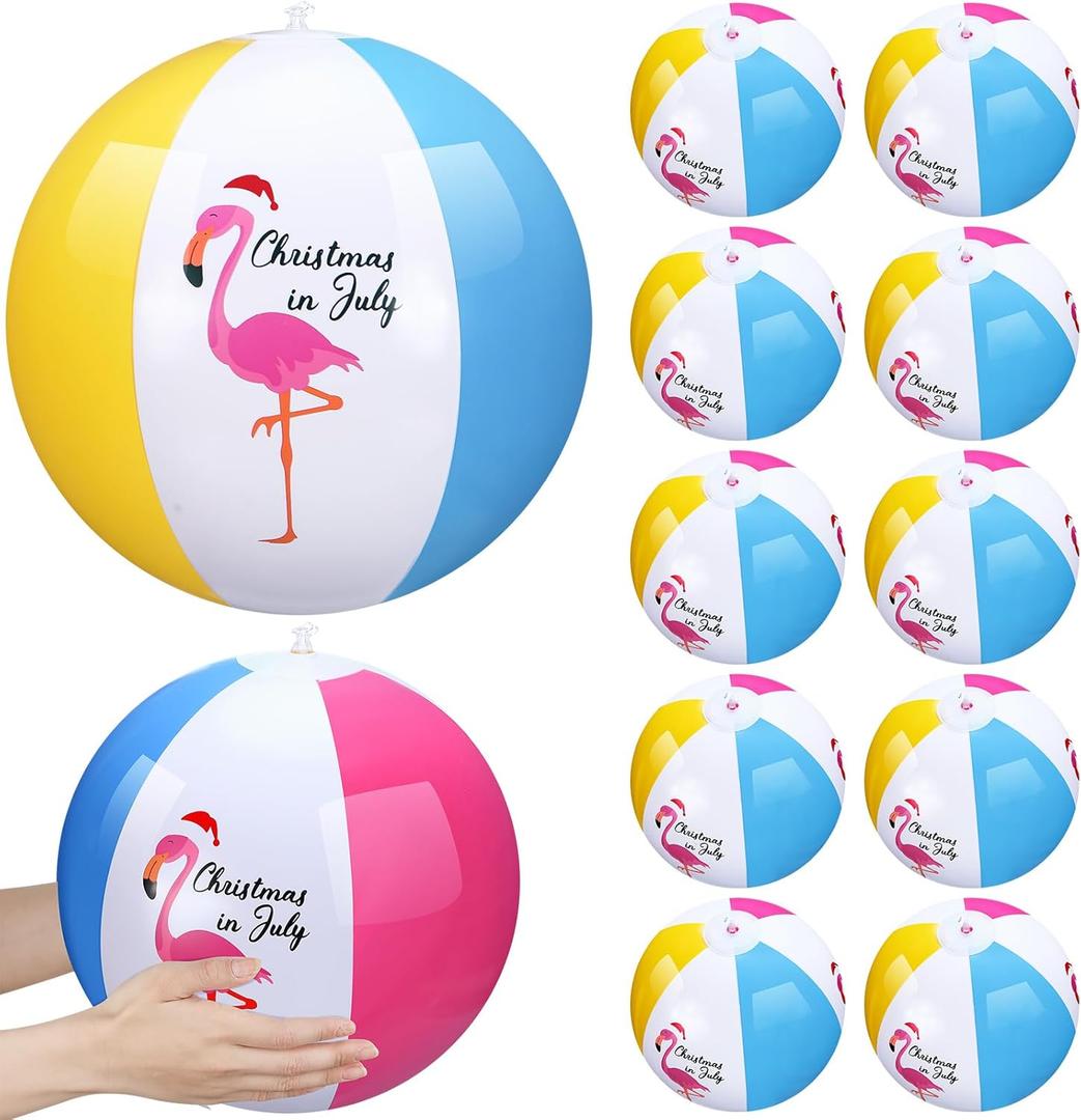Realspring 12 Pack 12" Beach Balls Bulk Christmas in July Inflatable Flamingo Swimming Pool Balls for Birthday Party Supplies Favors Luau Decorations Summer Blow up Classic Rainbow Water Fun Gifts