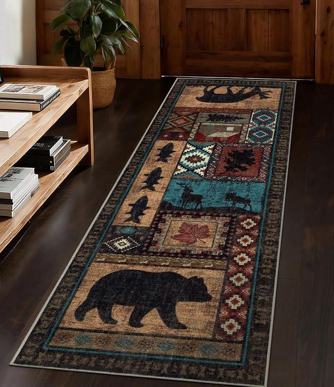 YIHOUSE Washable Rustic Cabin Runner Rug 2x6 Hallway
Soft Low Pile Print Lodge Bear Entryway Rug, Non Slip Southwestern Rustic Rug for Kitchen