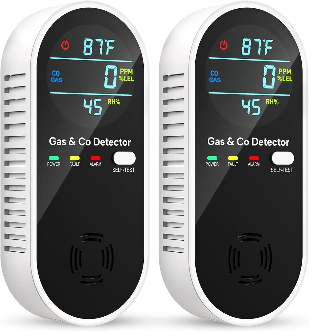 Carbon Monoxide Detectors and Natural Gas Detector, 4-in-1 Upgraded Carbon Monoxide Detectors Plug in, Gas Leak Detector with Dual Alarms, Temperature & Humidity Sensor for Home, RV, Black, 2 Packs