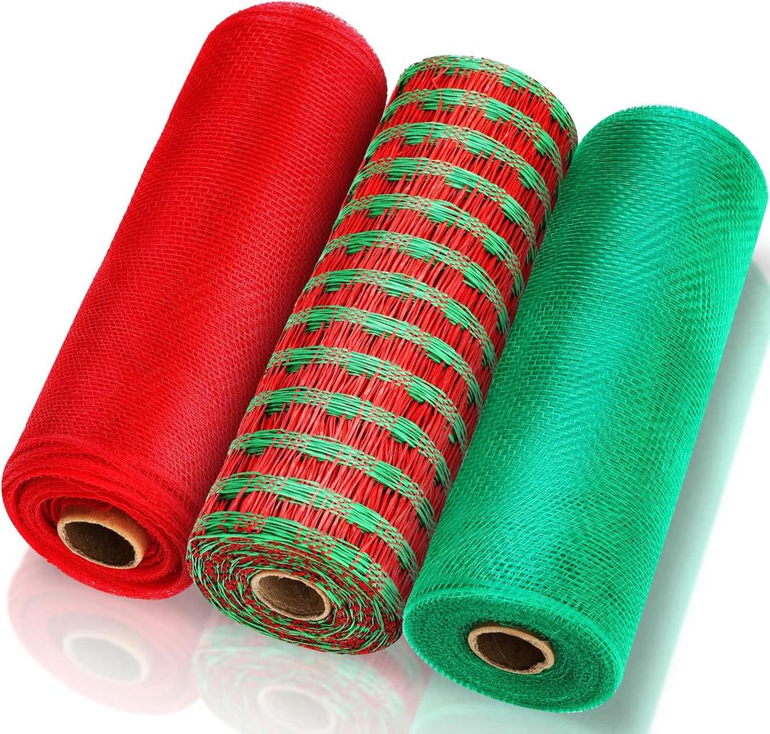 Shappy 3 Pack Christmas Decoration Mesh 10 Inch x 26 Yard Decoration Mesh Ribbon for Wreaths Poly Burlap Ribbon for Christmas Day Wrapping Xmas Craft(Red, Green)