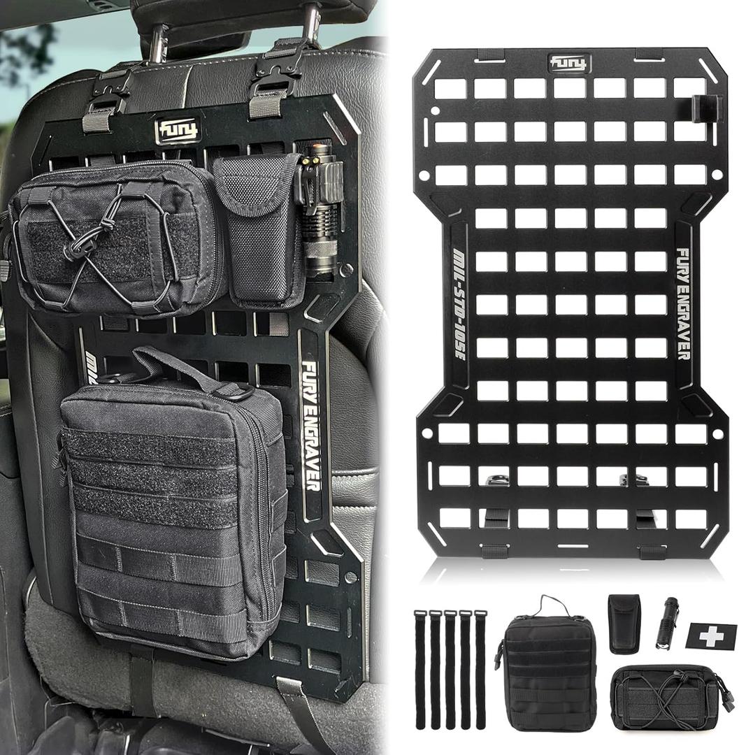 MAIKER Tactical Rigid Aluminum Insert Panel with 2 Organizer Storage Bag, 1 Multi-Function Tool, 1 Flashlight and 5 Fastening Tape Modular Storage Platform Tool Seat Cover Storage MOLLE Panel