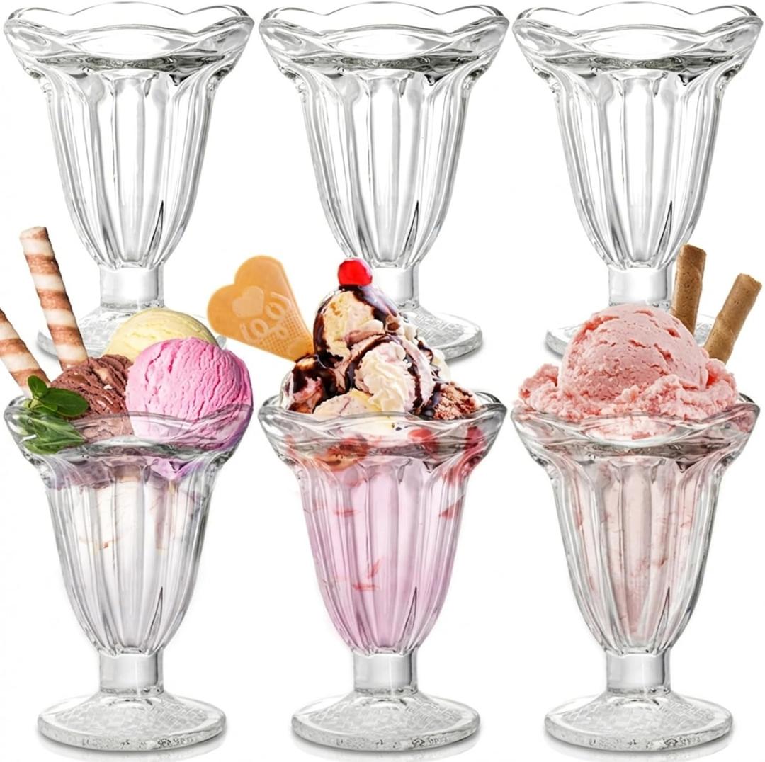 ZENFUN 6 Pack Glass Tulip Sundae Cups, 7 Fl Oz Clear Milkshakes Footed Ice Cream Cups Dessert Bowls Set for Sherbet Trifle, Fruit, Salad, Snack, Cocktail