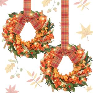 2 Pcs 9 Mini Fall Wreath for Cabinet Orange Flowers Artificial Wheat Autumn Small Wreath for Thanksgiving Vintage Village Farmhouse Window Fireplace Table Centerpieces Home Wall Decor