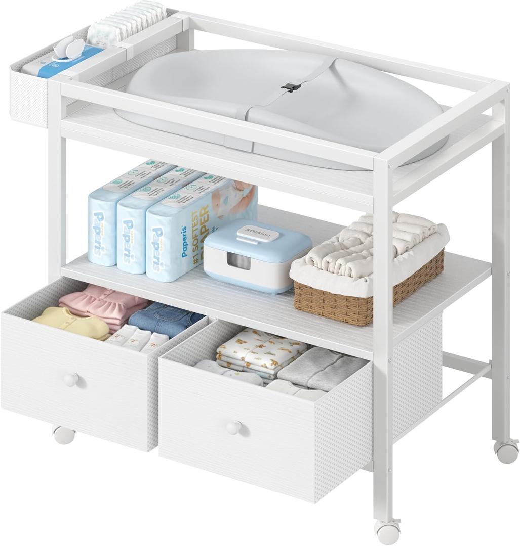 BOLUO Baby Changing Table with Storage, White Baby Dresser with Changing Table Top, Diaper Changing Station with 2 Fabric Drawers for Nursery Modern, Overall Dimension : 33.3"w X 17.7"d X 37.2" H