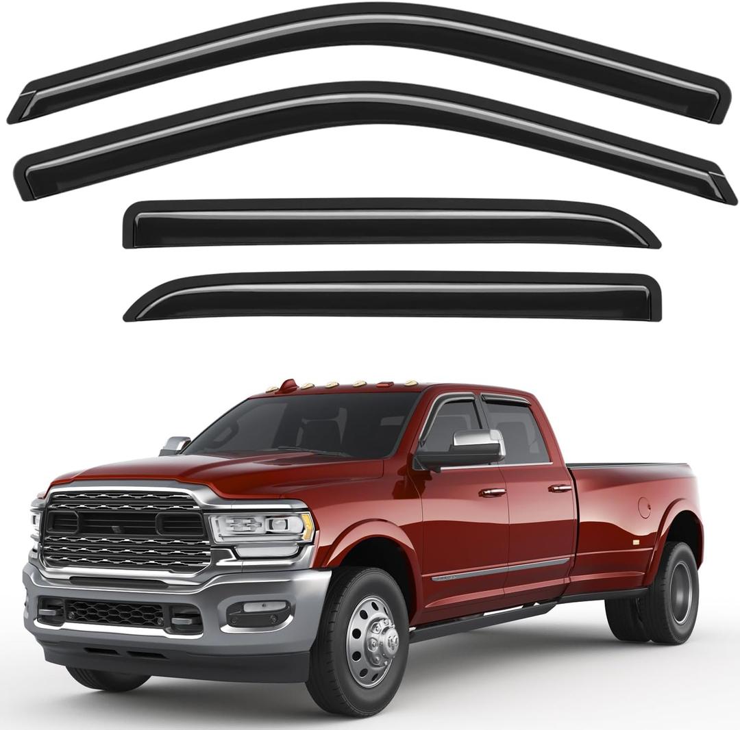 Outside-Mount Window Rain Guards Fit for Dodge Ram 1500 2009-2024/2010-2025 Ram 2500 & 3500, Extra Durable Window Visors Wind Deflector Dark Smoke Vent Shades Car Tape-on with Thicker 4PCS
