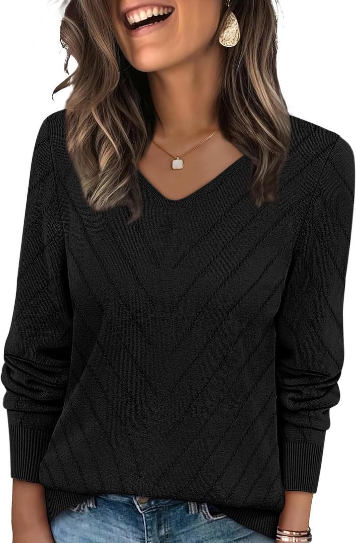 WIHOLL Sweaters for Women V Neck Casual Knit Long Sleeve Tops Lightweight Pullover Clothes Fall Fashion Outfits 2026 (X-Large, Black)