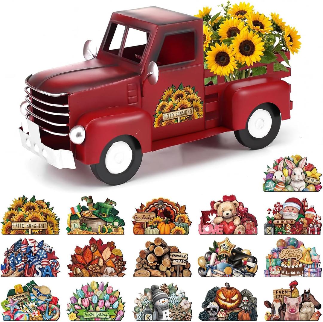 Threehoney Farmhouse Truck Decor 12.2 Inch Vintage Red Metal Truck with 16 Magnet Spring Table Decoration Summer Centerpieces for Home Kitchen Patriotic Holiday Interchangeable Seasonal Decor(Red)