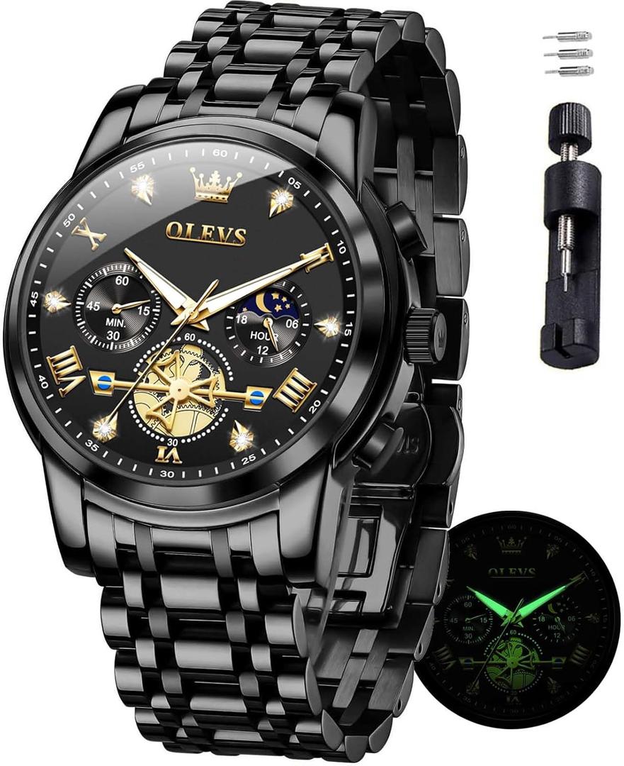 OLEVS Mens Watches Chronograph Watch Luxury Dress Stainless Steel Waterproof Watches for Men Moon Phase Luminous Business Calendar Wrist Watch, 2856 All Black Face/Black Band