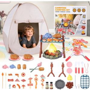 Kids Camping Playset with Pop Up Tent, Pretend BBQ Campfire Sets with Toy Food, Indoor Outdoor Educational Toys for Boys Girls Hiking Adventure Gifts Outdoor Playset Nature Exploration Toys