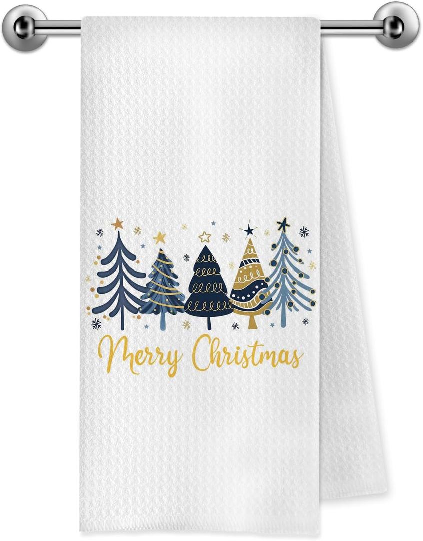 Blue and Gold Christmas Tree Kitchen Towels, Farmhouse Christmas Decor, Winter Holiday Xmas Pine Tree Decorative Dish Tea Hand Towels for Kitchen Bathroom, 16x24 Inch shusanta