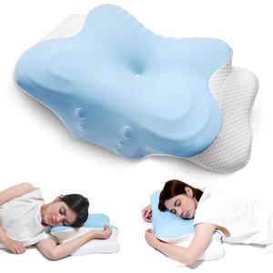 Memory Foam Cervical Neck Pillow, Cervical Pillows for Neck and Shoulder, Ergonomic Contour Bed Pillow Side Sleeper Pillows for Adults, Neck Support Pillow for Back Stomach Sleepers (Blue-white)