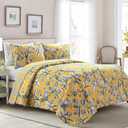 Lush Decor Dolores Reversible Cotton Quilt Queen Size 3 Piece Set Full/Queen Yellow & Blue - Tropical Bedding Set Queen - Floral Quilt - Cottage Decor