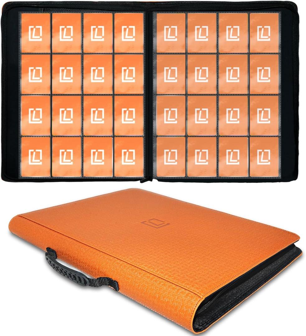 LIWSHWZ 1000+ Card Binder-Two Large Interior Pockets, Compatible with TCG, MTG, Sports Cards, Premium Trading Card Binder with Reinforced Handle, Orange,17.5" x 13.4" x 1.97"
