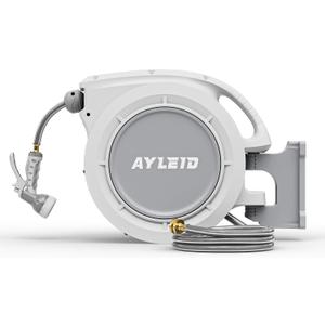 Ayleid Retractable Rubber Hybrid Garden Hose Reel, 1/2"x65ft Wall Mount | Anti-freeze, Kink-free Premium Rubber Hybrid Hose, 9-pattern Sprayer, Any-Length Lock, Slow Auto-return