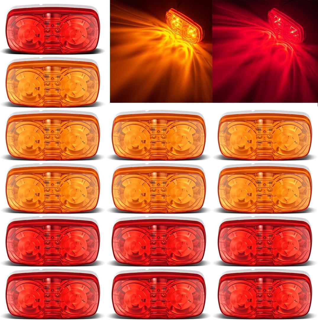 14x LED Trailer Marker Lights, Double Bullseye 10 Diodes Clearance Light Red/Amber, 4x2 inch Tiger Eye/Double Bubble Waterproof Rectangular LED Side Marker Light For RV Truck Camper etc