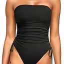 Yonique Women Strapless One Piece Swimsuit Tummy Control Bandeau Bathing Suit Cheeky Swimwear (Medium, Pure Black)