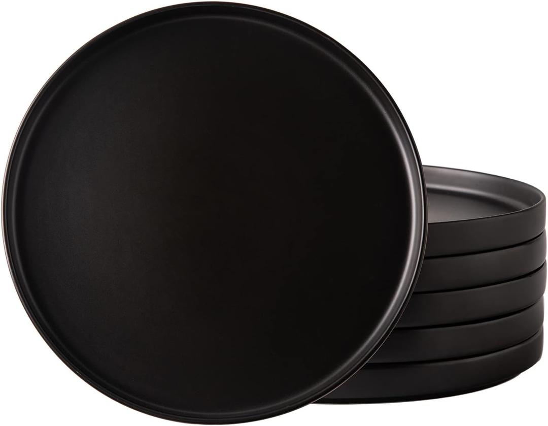 AmorArc Ceramic Dinner Plates Set of 6, 10.0 Inch Matte Stoneware Plates for Kitchen,Modern Flat Dinnerware Dishes Set,Microwave& Dishwasher Safe, Scratch Resistant, Matte Black