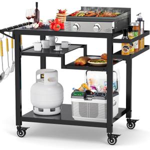 20"x 32" Three-Shelf Movable Outdoor Dining Cart Table, Multifunctional Food Prep Stand, Outdoor Grill Table with Wheels