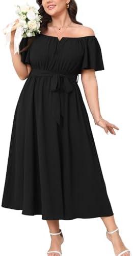 SCOMCHIC Women Plus Size Maxi Dress Off The Shoulder Bridesmaid Formal Wedding Guest Belted Flowy A Line Long Dresses 2XL