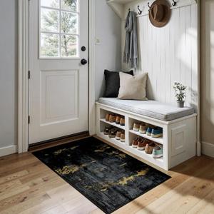 Washable Area Rugs 2'x4' Non-Slip Modern Abstract Soft for Living Room Entryway Bedroom Nursery, Print Pattern, Dark Black Gold