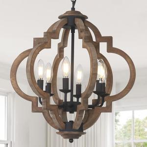 Farmhouse Chandeliers for Dining Room, 6-Light Rustic Dining Room Light Fixture Over Table, Wood Black Hanging Pendant Lights Kitchen Island, Boho Chandelier for Bedrooms Entryway Living Room (Brown)