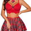 Avidlove Schoolgirl Lingerie for Women 4 Pieces Roleplay Lingerie Sets Student Costume Outfit with Mini Skirt Red XXL