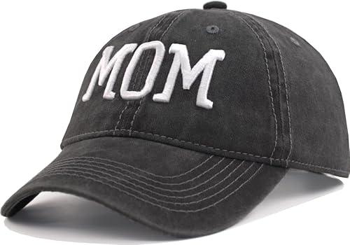 Vintage Washed “MOM” Baseball Cap - Adjustable Embroidered Cotton Dad Hat for Women, Birthday Present for Mom Black
