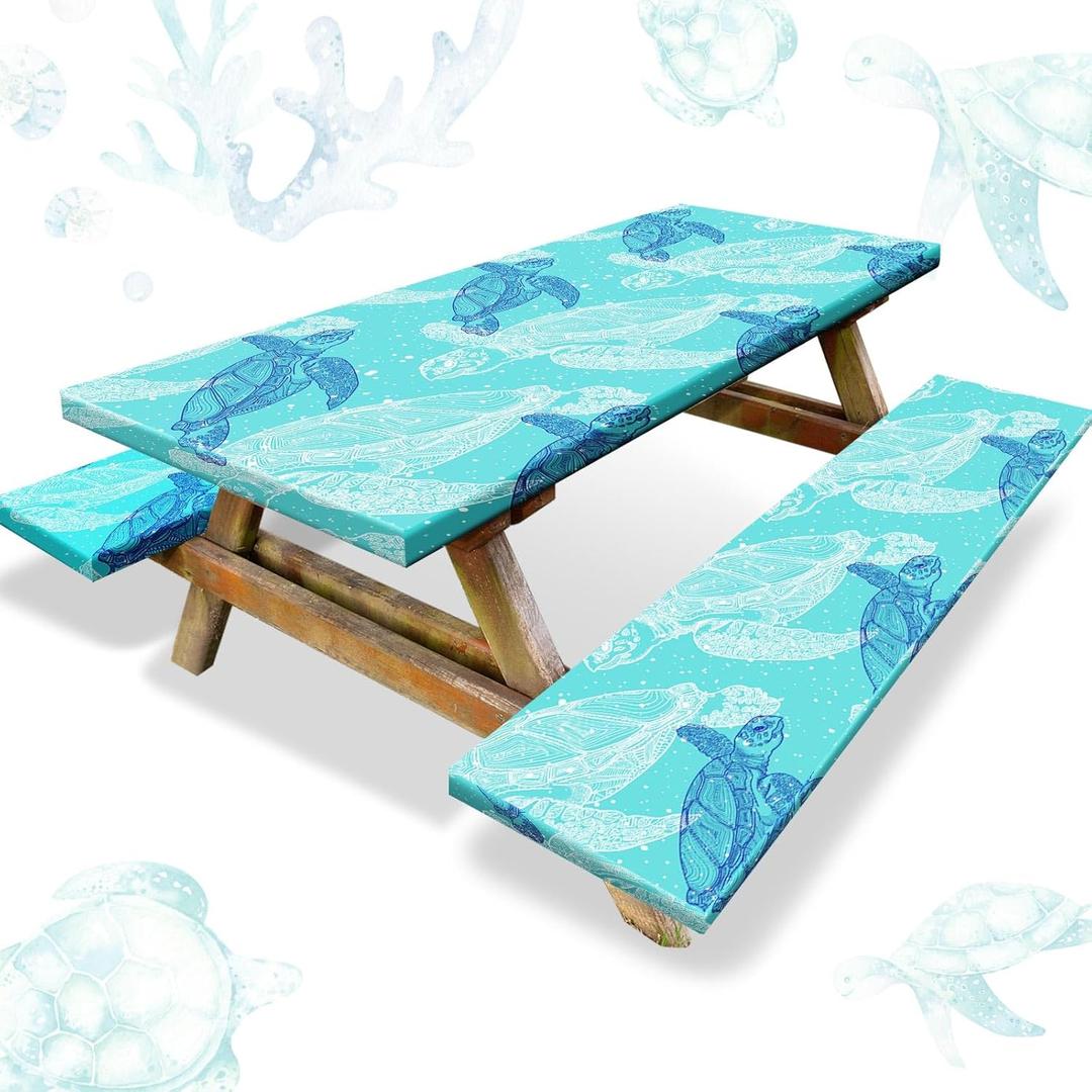 Boao 3 Pcs Vinyl Picnic Table Cover with Bench Cover 6 ft 30 x 72 Inch Waterproof Fitted Tablecloth Flannel Backing Rectangular Elastic Edged for Camping Outdoor Patio Travel(Turtle)