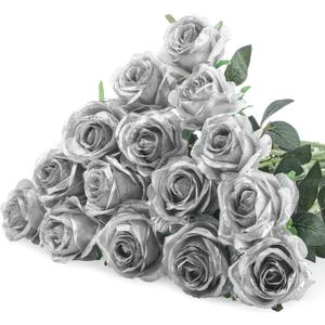 Hotop 20 Pcs Artificial Rose Flowers with Long Stem,Real Touch Silk Realistic Plastic Bouquet Roses Bulk for Home Decor Bridal Wedding Party Table Centerpieces Decorations (Silver)