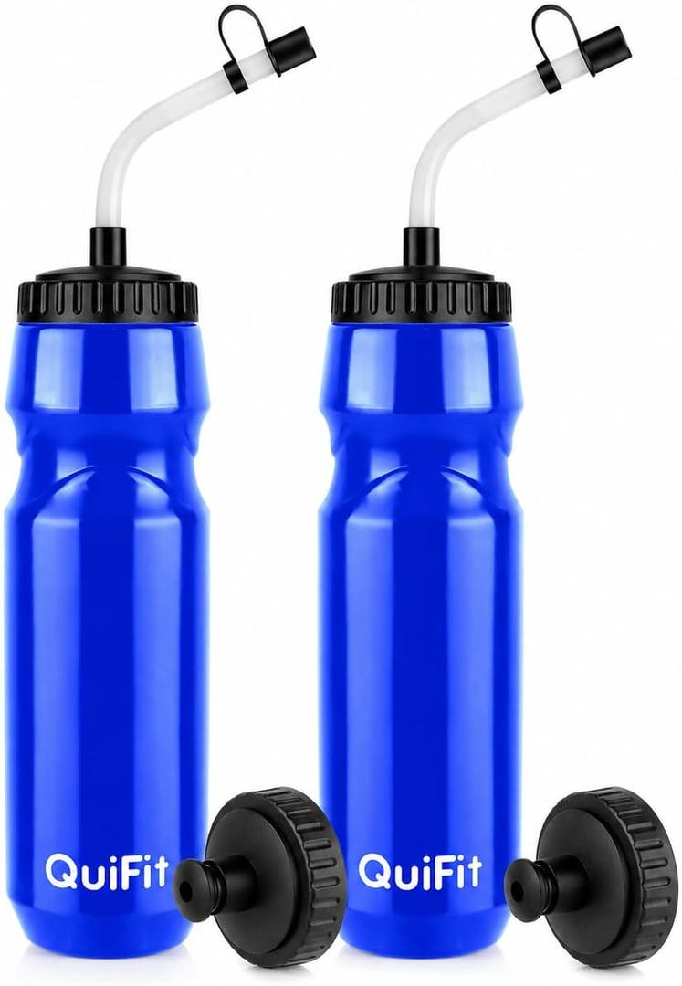 QuiFit Lacrosse Water Bottle with Long Straw -32oz Hockey Water Bottle 2 Pack with 2 Lids Each- BPA Free Squeeze Sports Water Bottles, Leakproof Dishwasher Safe- for Helmet,Lacrosse (Blue)