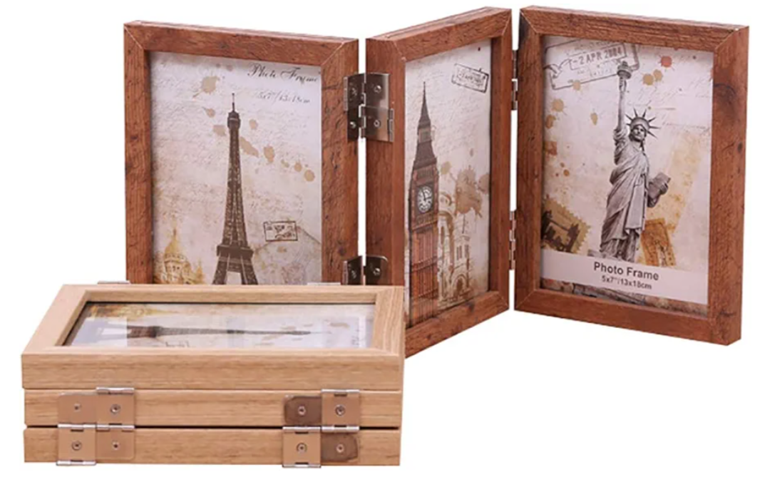 Collage Picture Photo Frames - 3.5x5, Triple Hinged 3 Desk Picture Frame, Wooden Desk Tabletop Family Photo Frame with Glass Opening, Decorative Folding Trifold Picture Frame Stand Vertical, Brown